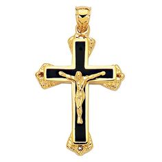 A beautiful symbol of faith this 14K yellow gold crucifix is highly polished and has Christ figure with a black enamel backround . This cross is made to stand as remembrance of the Christian faith.14k Yellow Gold40MM or 1 1/2 Inch Length (Top To Bottom) Polished Finish Weight in Grams: 3 grBlack Enamel Enamel Cross, Latest Jewellery Trends, Beautiful Symbols, Trending Necklaces, Mens Crosses, Earring Trends, Black Diamond Ring Engagement, Gold Cross Pendant, Mens Pendant