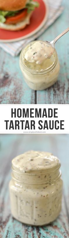 homemade tartar sauce in a glass jar with a spoon on the side and an image of a sandwich behind it