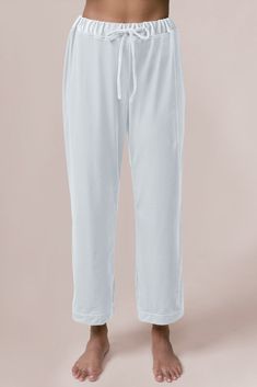 Model: Jacinth; Size: S; Color: White Pearl Velvet Stretch Velvet Pants For Loungewear, Stretch Velvet Lounge Pants, Sleep Pants, Velvet Color, White Pearl, Getting Ready, The Morning, Pearl White, Piping