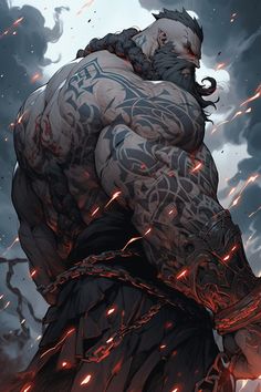 an image of a man with tattoos on his face and arms, standing in front of dark clouds