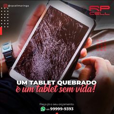 a person holding a cell phone in their hand with the screen cracked off and texting, um tablet quebrado e un tablet sem viada?