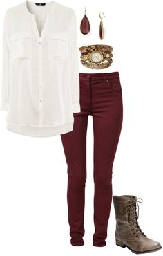 "Untitled #125" by paypay22597 on Polyvore Cranberry Pants, Wedged Boots, Maroon Jeans, Concert Wear, Flowy Shirt