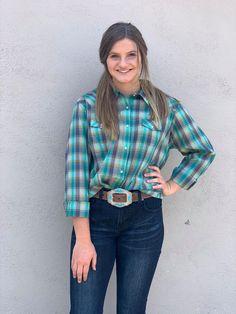 Women's Multi-Color Plaid Western Snap Shirt 55% Cotton 45% POlyester Multicolor Cotton Tops For Rodeo, Multicolor Casual Shirt For Rodeo, Western Blue Relaxed Fit Tops, Western Style Blue Relaxed Fit Tops, Casual Plaid Tops For Rodeo, Casual Plaid Flannel Shirt For Rodeo, Casual Plaid Shirt For Rodeo, Outdoor Girls, Green Yellow Blue