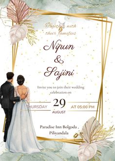 a wedding card with an image of two people in formal attire, standing next to each other