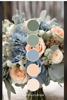 a wedding bouquet with blue, peach and grey flowers in it's centerpiece