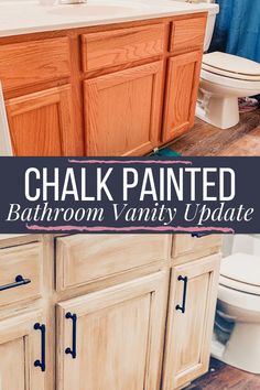 a bathroom vanity with the words chalk painted on it in blue and white overlay