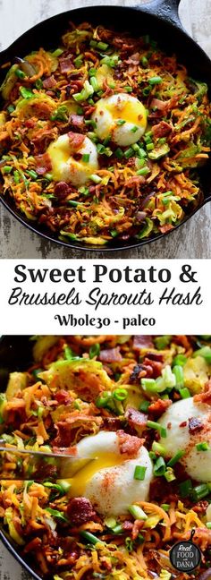 sweet potato and brussel sprouts hash browns in a skillet