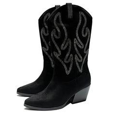 Be Stylish In These Newly Arrived Blingy Cowgirl Boots New In Box Faux Suede Material Rhinestone Embellished Shaft Slip On Style Lightly Padded Insole Comfy Chunky Heels Heel Height: Approx. 2.75 In. Back Shaft Height: Approx 9 To 10 In. Fitting: True To Size. Regular Fit Rhinestones Boots, Coach Rain Boots, Homesteading Animals, Sparkly Boots, Black Cowgirl Boots, Country Clothes, Sorel Boots Womens, Sperry Duck Boots, Outfit Pieces