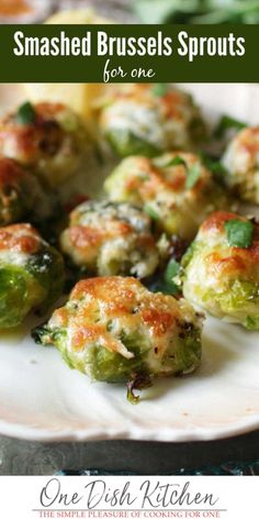 broccoli stuffed brussel sprouts on a white plate with text overlay