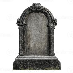 an old tombstone with a stone arch on top and grass in the foreground, against a white background