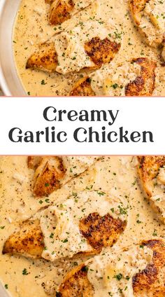 creamy garlic chicken in a white sauce with parmesan cheese on top and the text overlay reads, creamy garlic chicken