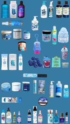 many different types of bottles and containers on a blue background