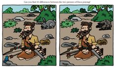 a comic strip with an image of a man sitting on the ground holding two swords