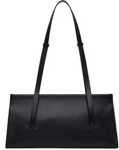 Buffed leather shoulder bag in black. · Twin carry handles · Logo embossed at face · Magnetic closure · Patch pocket at interior · Taffeta lining · H16.5 x W13 x D3 in Available exclusively at SSENSE. Supplier color: Black Sleek Shoulder Bag With Top Carry Handle, Business Baguette Tote Bag With Detachable Strap, Business Tote Baguette Bag With Detachable Strap, Business Baguette Bag With Detachable Strap, Formal Baguette Tote Bag With Carry Handle, Sleek Rectangular Shoulder Bag With Top Carry Handle, Sleek Rectangular Shoulder Bag With Top Handle, Timeless Black Baguette Bag For Everyday, Timeless Black Square Shoulder Bag