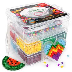 a plastic container filled with lots of colorful beads