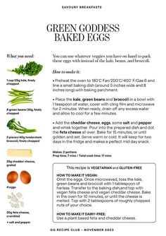 the ingredients for green goddess baked eggs are shown in this brochure, with text