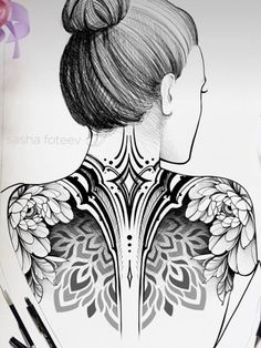 a drawing of a woman's back with flowers on it