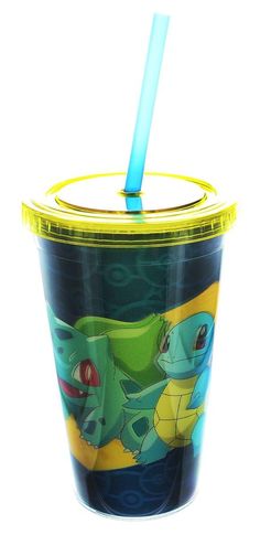 a plastic cup with a blue straw in it