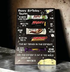 a birthday card with candy bars on it