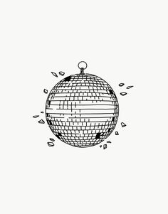 a black and white drawing of a disco ball