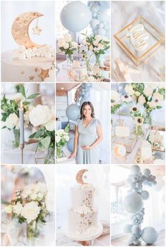 a collage of photos with balloons, flowers and cake on it's table