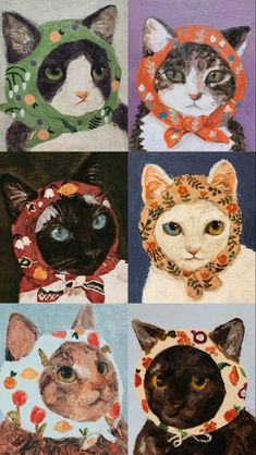 four different pictures of cats wearing hats and scarves with flowers on them, each one has a cat's head in the middle