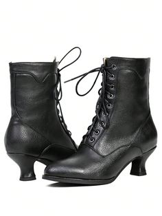 These stunning Victorian Charm boots feature a lace-up front and a comfortable kitten heel, perfect for any stylish woman looking to add a touch of elegance to her wardrobe. With intricate detailing and a classic design, these boots are sure to elevate any outfit. Color : Black Closure Type : Lace-up Upper Material : PU Leather Fitted Lace-up Martin Boots For Winter, Elegant Lace-up Martin Boots For Winter, Fitted Lace-up Martin Boots For Fall, Elegant Lace-up Mid-calf Boots For Fall, Fitted Fall Lace-up Boots With Round Toe, Fitted Lace-up Boots With Round Toe For Fall, Gothic Fitted Lace-up Boots For Winter, Fall Fitted Lace-up Martin Boots, Fitted Gothic Lace-up Boots For Winter