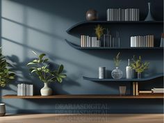 there is a shelf with books and plants on it in the room that has blue walls