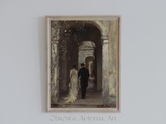 a painting of a man and woman walking through an archway in a white walled building