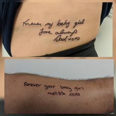 two pictures show the same tattoo on someone's lower back, and one shows their handwriting