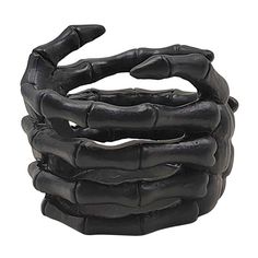 four black leather bracelets stacked on top of each other with one hand in the middle