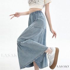 Lasaky - Vintage Pleated Elastic Waist Denim Midi Skirt with High Waist and Body-Friendly A-Line Design Spring Casual Non-stretch Denim Skirt, Casual Non-stretch Denim Skirt For Spring, Casual Stretch Denim Skirt, Casual Stretch Denim Skirt In Denim Blue, Baggy High Waist Denim Skirt For Spring, Spring High Waist Baggy Denim Skirt, Casual Mid-rise Skirt For Spring, Casual Stretch Denim Skirt For Summer, Casual Full-length Stretch Denim Skirt