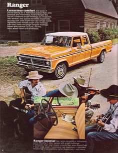 an advertisement for the ranger truck shows two men in cowboy hats and one man playing guitar