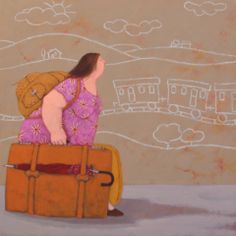 a painting of a woman sitting on top of a suitcase with buildings in the background