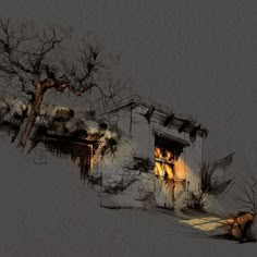 an artistic drawing of a house with trees in the foreground and snow on the ground