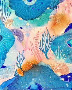 an abstract painting with blue and pink flowers, corals and seaweed on it