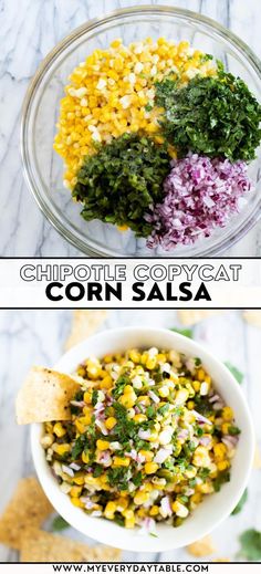 corn salsa with cilantro, red onion and green onions in a glass bowl