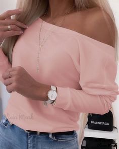 Olivia Mark - Elegant Long Sleeve Blouse Plain Pink Tops For Fall, Casual Solid Color Off-shoulder Top, Off-shoulder Solid Color Top For Fall, Solid Color Off-shoulder Top For Fall, Spring Stretch Blouse Plain, Spring Stretch Plain Blouse, Casual Off-shoulder Blouse For Work, Casual Off-shoulder Workwear Top, Casual Off-shoulder Top For Work