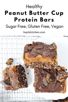 healthy peanut butter cup protein bars on a white plate with text overlay that reads, healthy peanut butter cup protein bars sugar free, gluten free, vegan