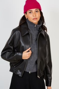 - Fit: True to size- Materials: 100% polyurethane- Thickness: Moderate- Sheerness: None- Stretch: None- Lining: None- Care: Gentle wash cold and dry in shade Sleek Solid Outerwear For Fall, Sleek Faux Leather Jacket For Winter, Sleek Faux Leather Winter Jacket, London Free, Vegan Leather Jacket, Buy Now Pay Later, British Indian, Buy Now, Vegan Leather