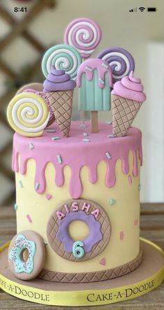 a cake decorated with ice cream, donuts and candy