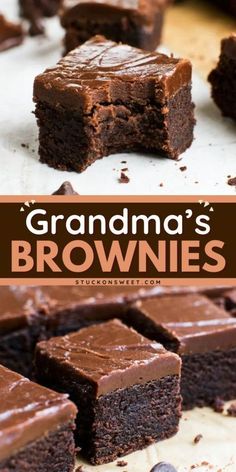 brownies with chocolate frosting on top and the words grandma's brownies above it