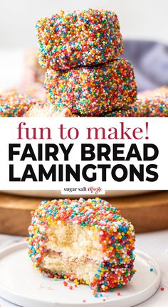 a close up of a cake with sprinkles on it and the words fun to make fairy bread lamingtons