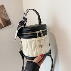 Elegant Quilted Barrel Handbag with Scarf Detail Chic Cream Quilted Shoulder Bag, White Quilted Top Handle Bag, White Quilted Evening Bag, Chic White Quilted Bag, Chic Quilted Bags, Beige Quilted Evening Bag, Knee High Boots Flat, Vintage Bucket, Mini Phone