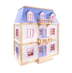 a wooden doll house with pink and blue windows