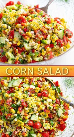 corn salad with cucumbers and tomatoes in a glass bowl