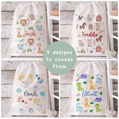 four drawstring bags with different designs to choose from