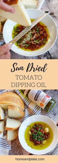 the recipe for sun dried tomato dipping oil is shown in this collage with two pictures