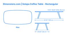 a table with measurements for the top and bottom, along with an image of a coffee table