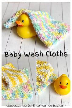 crocheted baby wash cloths with rubber ducky in the middle and yellow rubber rubber duck